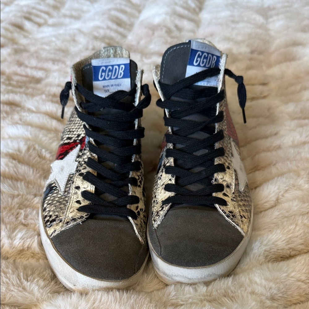 Golden Goose Metallic Gold Snake-Print Sneakers with Black Laces and Red Star